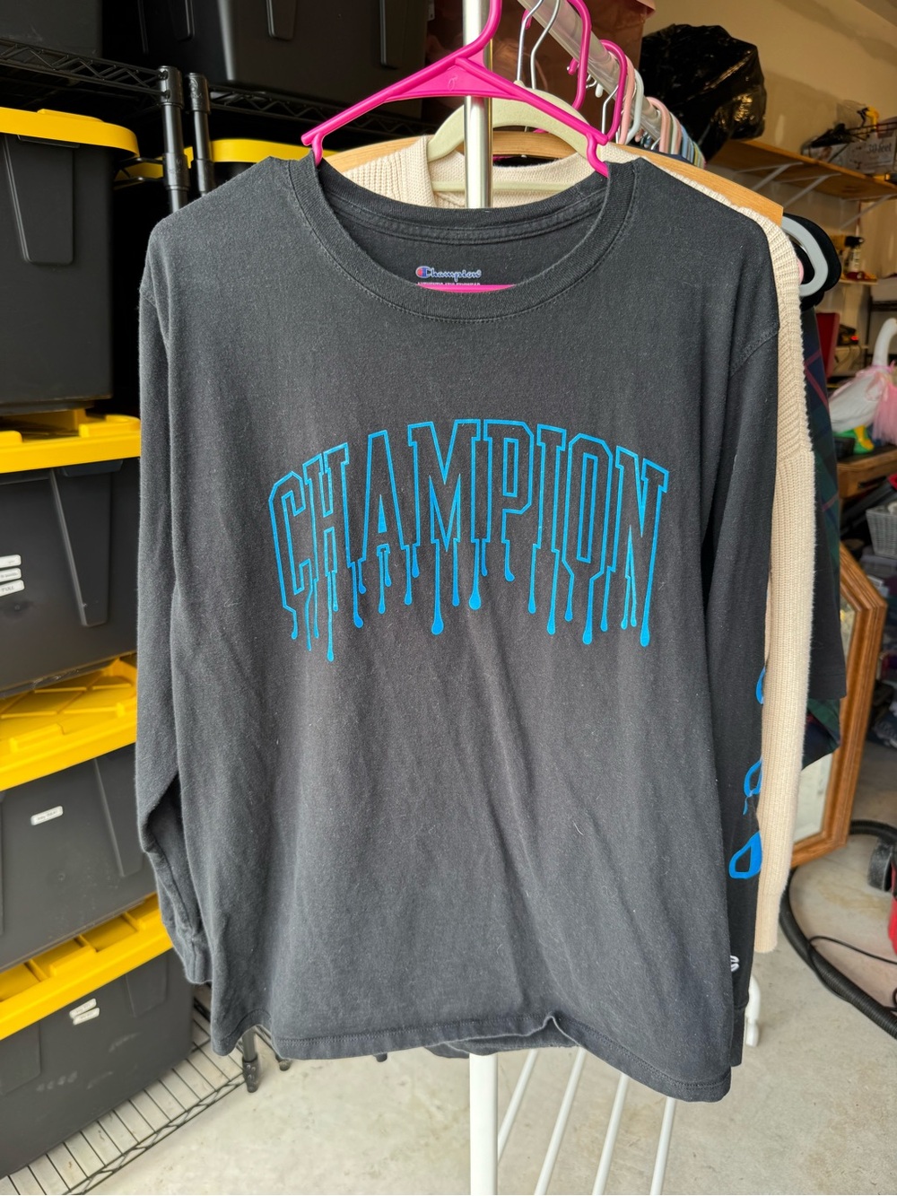 Champion Men's Black Long-Sleeve Graphic Shirt - Blue drip logo